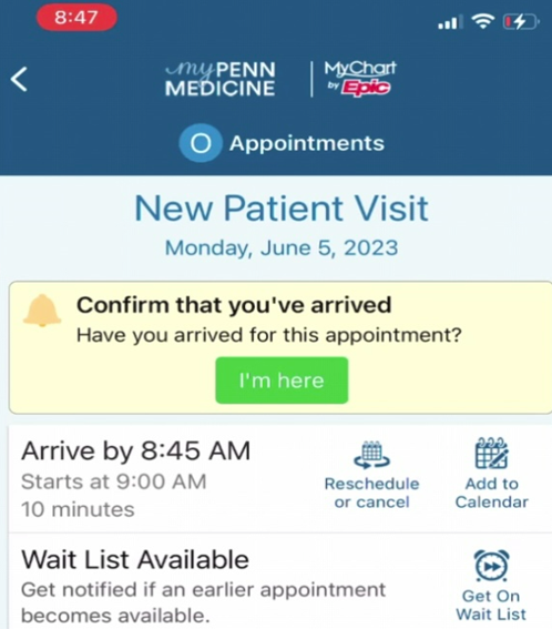Sample screen shot from the patient portal that shows a button that will be available in the portal for patients 15 min before to their appointment arrival time. The text on the button reads, "I'm here."